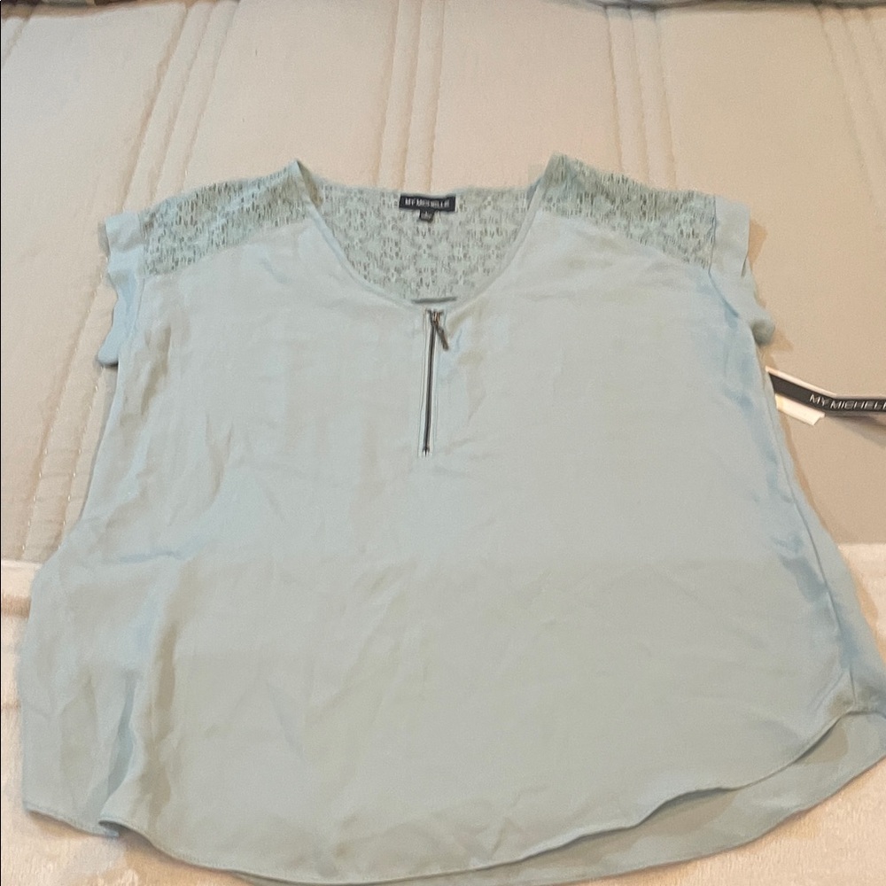 My Michelle, mint short sleeve blouse w/detail, Large, , 100% Polyester